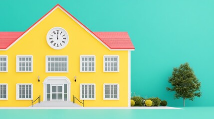Fototapeta premium A Bright Yellow School Building Surrounded by Lush Greenery