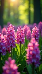 Obraz premium Sunlit hyacinth field, vibrant blooms, lush forest backdrop, pink, sun, outdoor