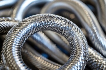 Macro shot of flexible stainless steel pipes and plumbing components in an industrial metal context