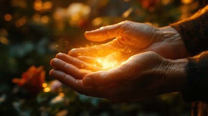 A Close-Up of Weathered Male Hands Cradling a Glowing Orb of Light Amidst a Lush Floral Garden, Symbolizing Nature's Magic and the Beauty of Life