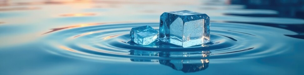 Melting ice cube creates ripples on calm water, calm, wave