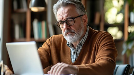 A concentrated male college professor with glasses grading exam papers from students while sitting in his office in front of a laptop.