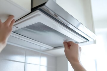 Man s hands taking out a filter from a kitchen hood for maintenance Installing a new filter in a range hood Contemporary kitchen exhaust fan