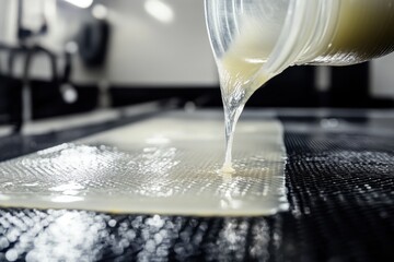 Manually applying epoxy resin to woven carbon fiber cloth for composite sheet manufacturing