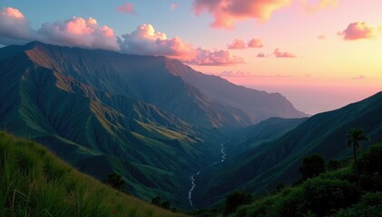 Obraz premium Rolling hills and valleys of Kualoa Mountain Range at dusk, elevation, terrain