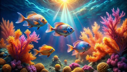 Fototapeta premium Vibrant Underwater Scene Featuring Colorful Fish and Coral Reefs, Illuminated by Sunbeams Penetrating the Ocean's Surface