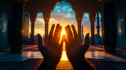 Muslim prayer raised hands on mosque for dua during ramadan