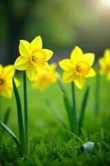 Fototapeta premium Soft petals of yellow daffodils sway gently in the breeze, grass, flowers, green
