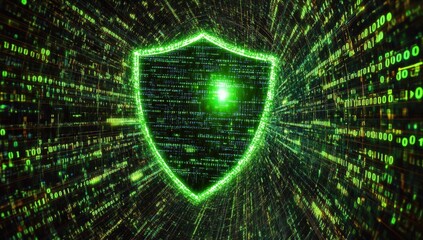 Visual Representation of Cybersecurity with Green Digital Shield Amidst Flowing Binary Code in a Futuristic Digital Environment