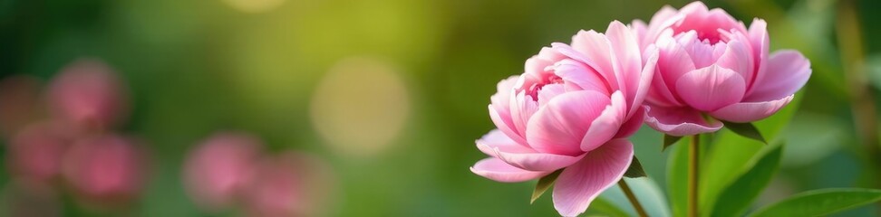Naklejka premium Soft pink peonies in the soft focus blur of a lush garden backdrop, gardenlife, garden