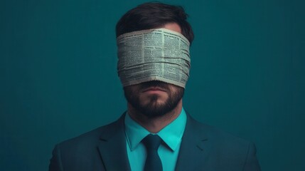 Man in Suit with Newspaper Blindfold Against Colorful Background Symbolizing Ignorance and Indifference