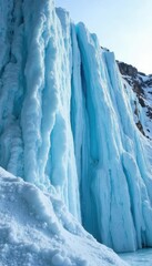 Vertical ice wall with dust-covered crevasses, climb, frozen