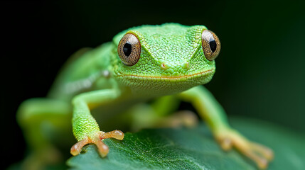 Obraz premium Green tree frog on leaf, rainforest, close-up, nature