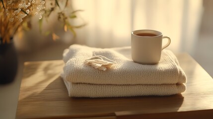 Relaxing Scene with Tea Cup and Cozy Knitted Blankets Indoors