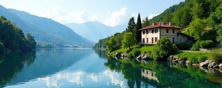 Villa sulla riva del lago con acqua specchiata, paesaggio, idrografia