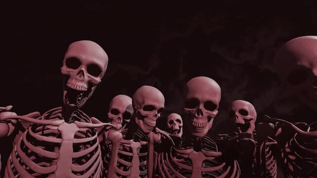 Skeletons around are standing black background, Anime meme is processed in 4K. In addition, this video looped 