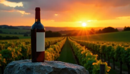 Vineyard sunset with wine bottle resting on stone, sunset, agriculture