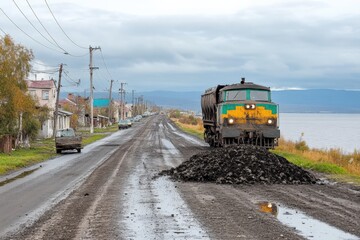 Freight Train Transportation on a Rural Roadside: Scenic View of a Colorful Locomotive Near a Serene Lake with Mountains in the Background Amidst Autumn Scenery