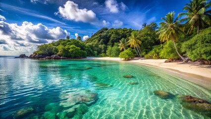 Fototapeta premium Tranquil Tropical Beach with Clear Water and Lush Greenery