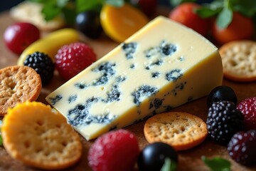 Aged Bleu d'Auvergne Cheese Platter with Crackers and Fruits