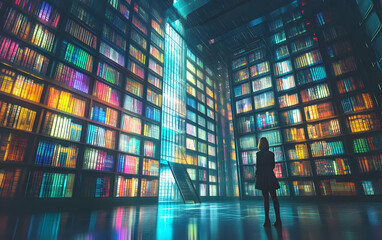 A person contemplates in a vibrant, colorful library filled with illuminated shelves, evoking wonder and inspiration.