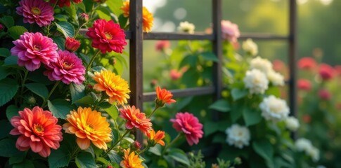 Fototapeta premium A colorful array of flowers on a garden trellis, nature, trellis, colors