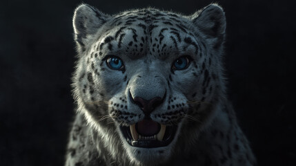 Fototapeta premium A majestic snow leopard, piercing blue eyes, mouth slightly open revealing sharp teeth