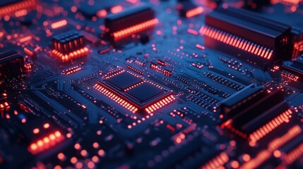 Obraz premium A Close-Up View of a High-Tech Circuit Board with Illuminated Components and Vibrant Colors in a Modern Electronic Environment
