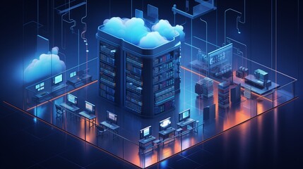 3D isometric illustration of a server room showcasing cloud database hardware, computers, and telecommunication equipment.
