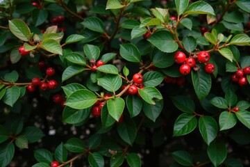 Bushy shrub with dark green leaves and red berries, wildflowers, nature