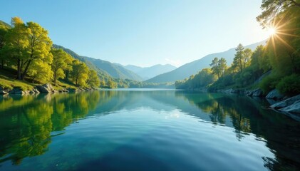 Calm lake surface with ripples and reflection of surrounding trees, plant, landscape