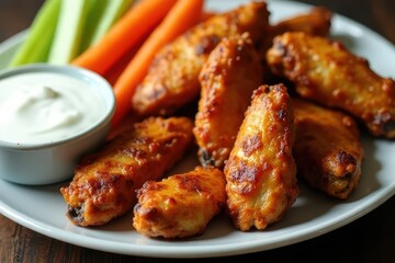 Delicious Baked Chicken Wings with Vegetable Sticks and Homemade Ranch Dip