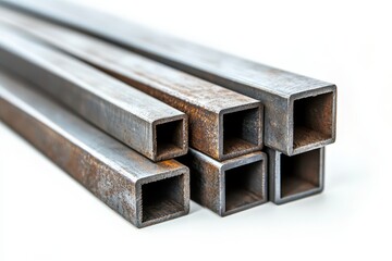 Metal rectangular steel tubes in various sizes isolated on a white background