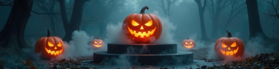 Dense fog swirls around a hollowed podium adorned with eerie jack o lantern, orange, fog, spooky