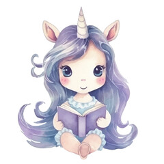 watercolors Cute unicorn holding gift box illustration