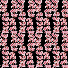 Pink blossoming branches of a spring tree blooming with flowers. Seamless pattern of cherry, apple, almond flowers on a black background. Watercolor template for Hanami, textile, wallpaper