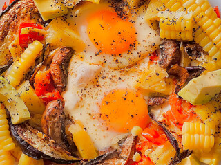 Sunny side up eggs with vegetables for breakfast. Delicious food.Cooking recipes. Healthy meal.Diet food.Healthy recipes.Diet food dish. Protein egg. Cozy time.