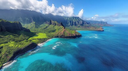 Aerial view of Na Pali Coast, Kauai. Stunning turquoise waters meet dramatic cliffs, ideal for travel, nature, and vacation themes.