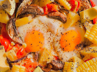 Sunny side up eggs with vegetables for breakfast. Delicious food.Cooking recipes. Healthy meal.Diet food.Healthy recipes.Diet food dish. Protein egg. Cozy time.