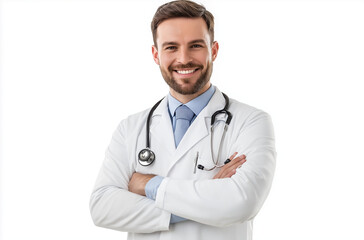 Fototapeta premium Handsome doctor smiling, wearing a white coat and stethoscope, isolated on a transparent PNG background