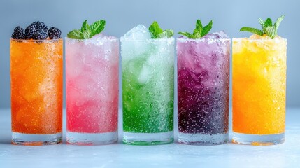 Colorful icy drinks, mint garnish, studio shot, refreshment