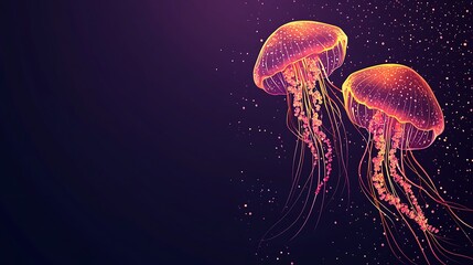 Naklejka premium Two luminous jellyfish gracefully swim in the deep ocean