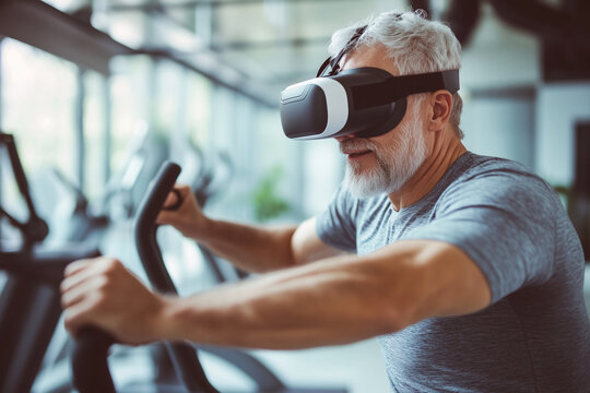 man wearing a VR headset is riding a stationary bike. The man is wearing a gray shirt and he is focused on the virtual reality experience