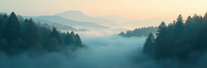 Fototapeta premium Gentle morning fog rolling in over a still forest, mist, forest, natural world