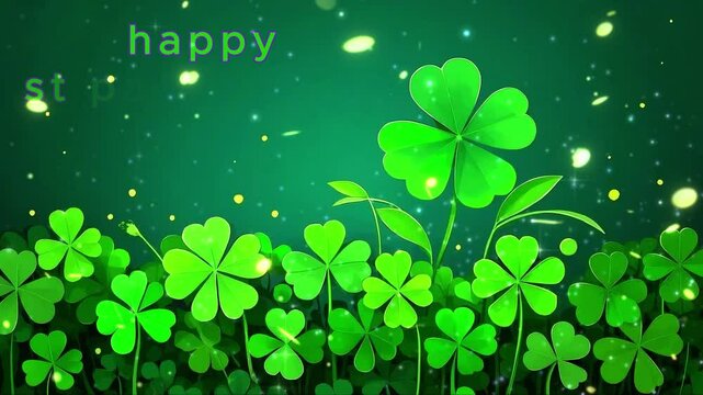 happy st patricks text lucky shiny stars and glowing glittering particles on a green background this Saint Patrick's Day celebration background animation is 4k full hd video st patricks day background