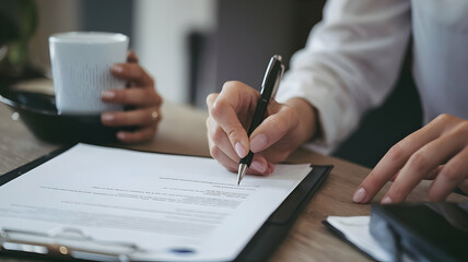 A businesswoman's hand signing a document