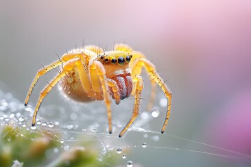 Obraz premium A garden spider spinning its web in the early morning, with dew droplets glistening in the sunlight