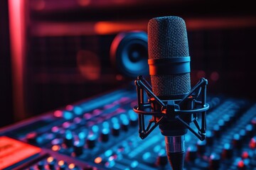 Microphone with mixing screen for music production or radio banner featuring space for text