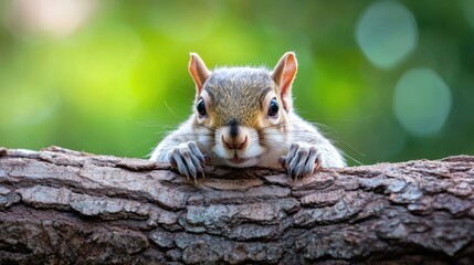 Fototapeta premium Curious squirrel on tree branch, nature background, wildlife photography