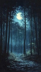 Obraz premium A path through a moonlit forest at night is visible